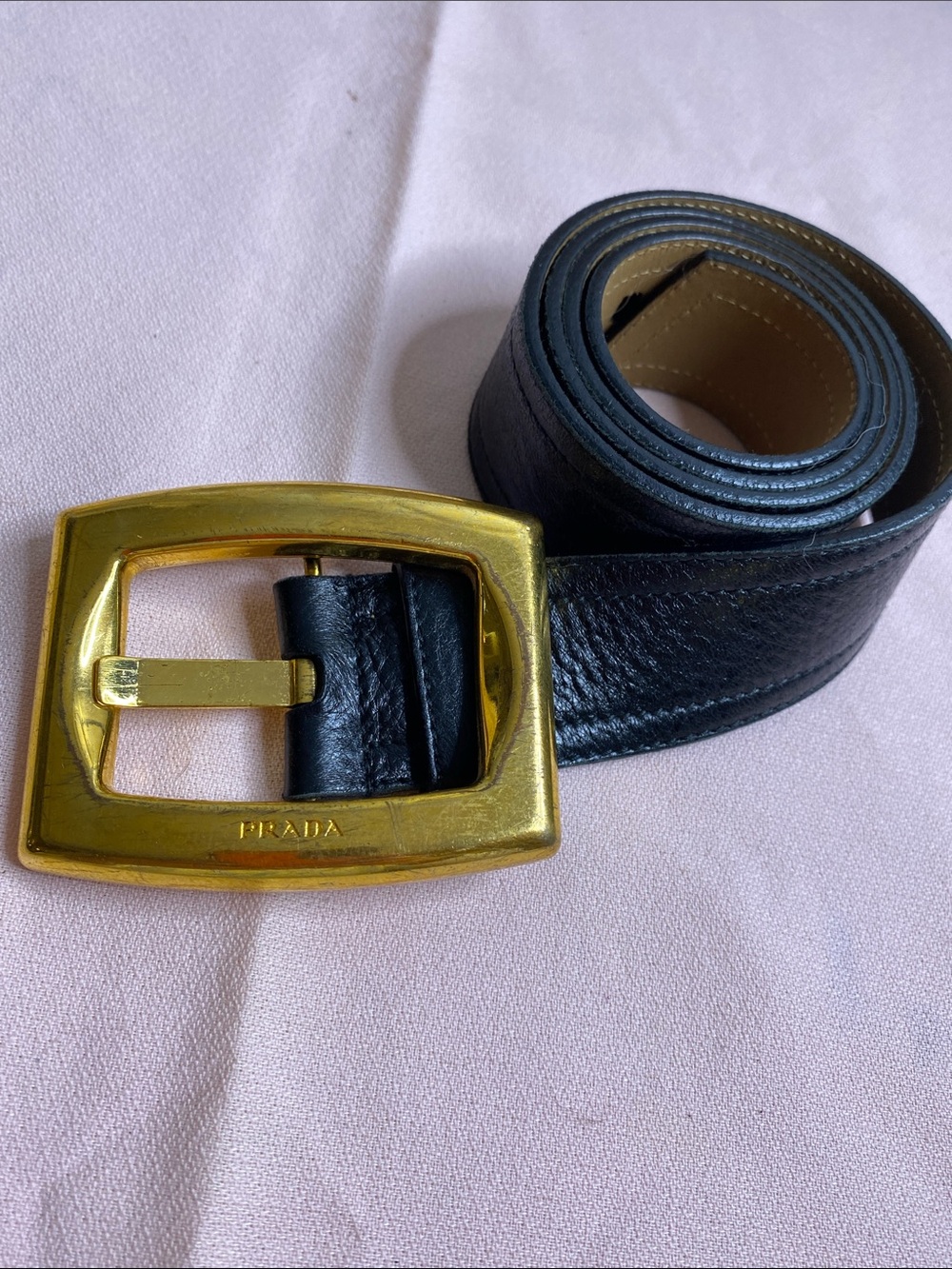 Prada Size 34 black leather belt with gold toed hardware 1C 4141